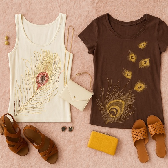 🍁Peacock Feather Tee | Brown Boho Chic ✨ - Picture 3 of 4